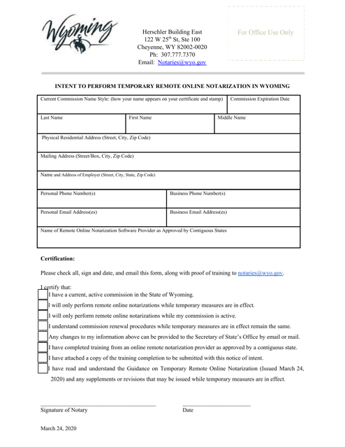 Intent to Perform Temporary Remote Online Notarization in Wyoming - Wyoming Download Pdf
