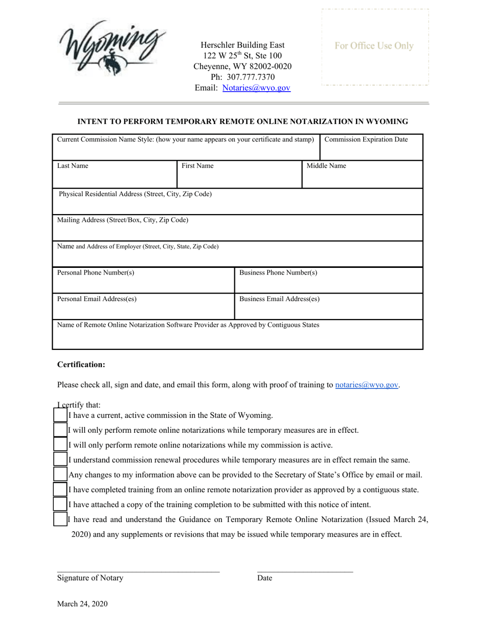 Intent to Perform Temporary Remote Online Notarization in Wyoming - Wyoming, Page 1