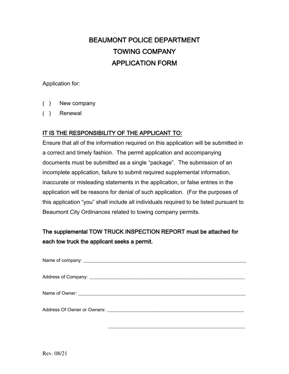 Towing Company Application Form - City of Beaumont, Texas, Page 1