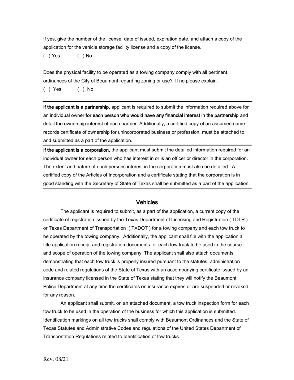 Towing Company Application Form - City of Beaumont, Texas, Page 3