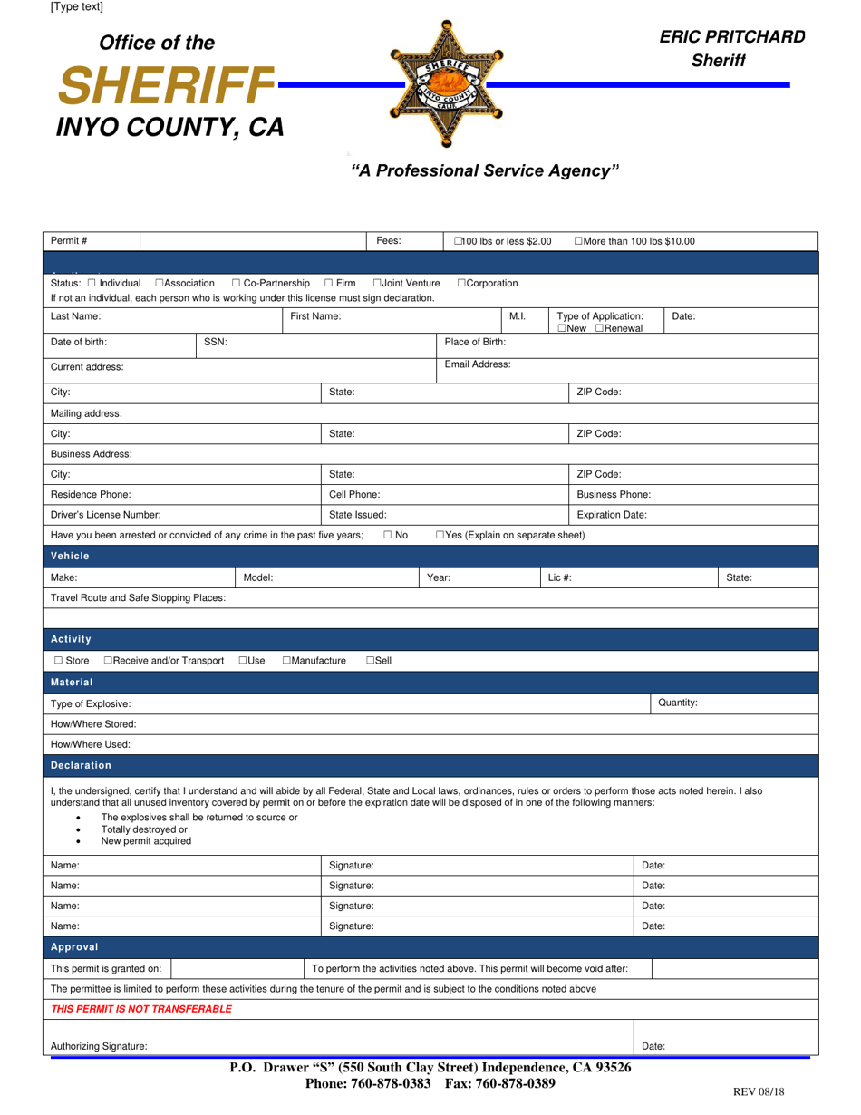 Explosive Permit Application Form - Inyo County, California, Page 1