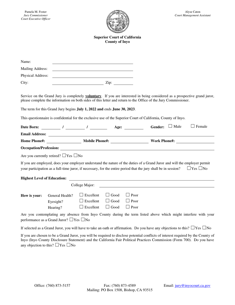 Grand Jury Application - County of Inyo, California, Page 1