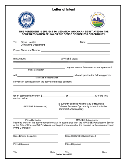 Letter of Intent - City of Houston, Texas Download Pdf