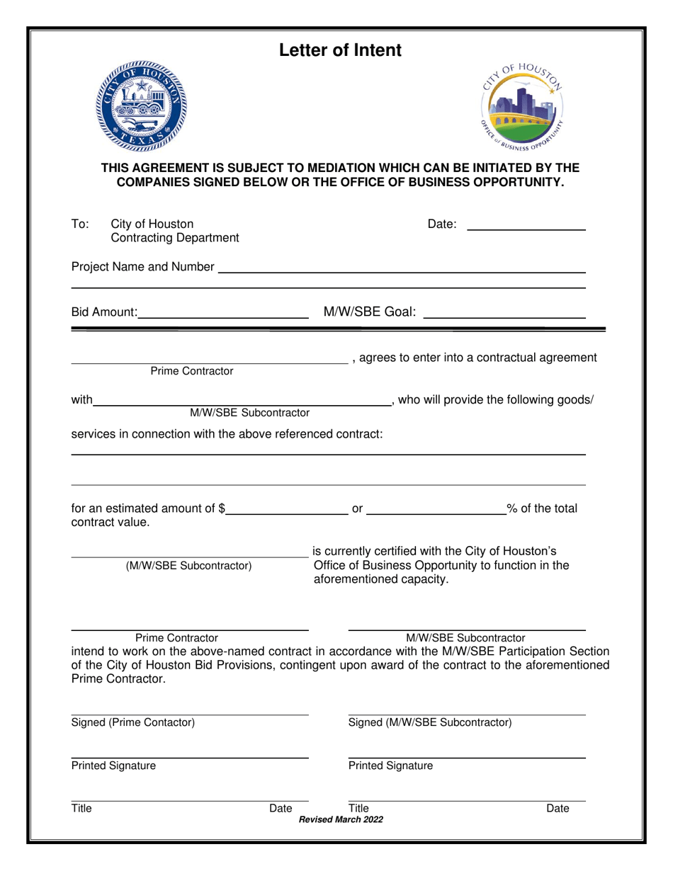 Letter of Intent - City of Houston, Texas, Page 1