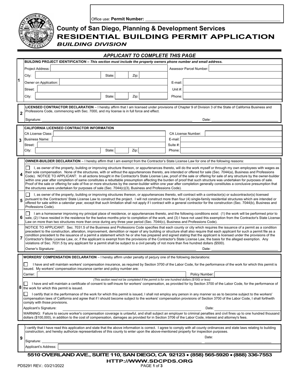 Form PDS291 Residential Building Permit Application - County of San Diego, California, Page 1