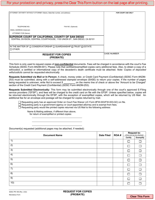 Form PR-189 Request for Copies (Probate) - County of San Diego, California