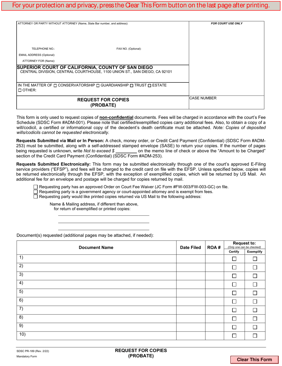 Form PR-189 Request for Copies (Probate) - County of San Diego, California, Page 1