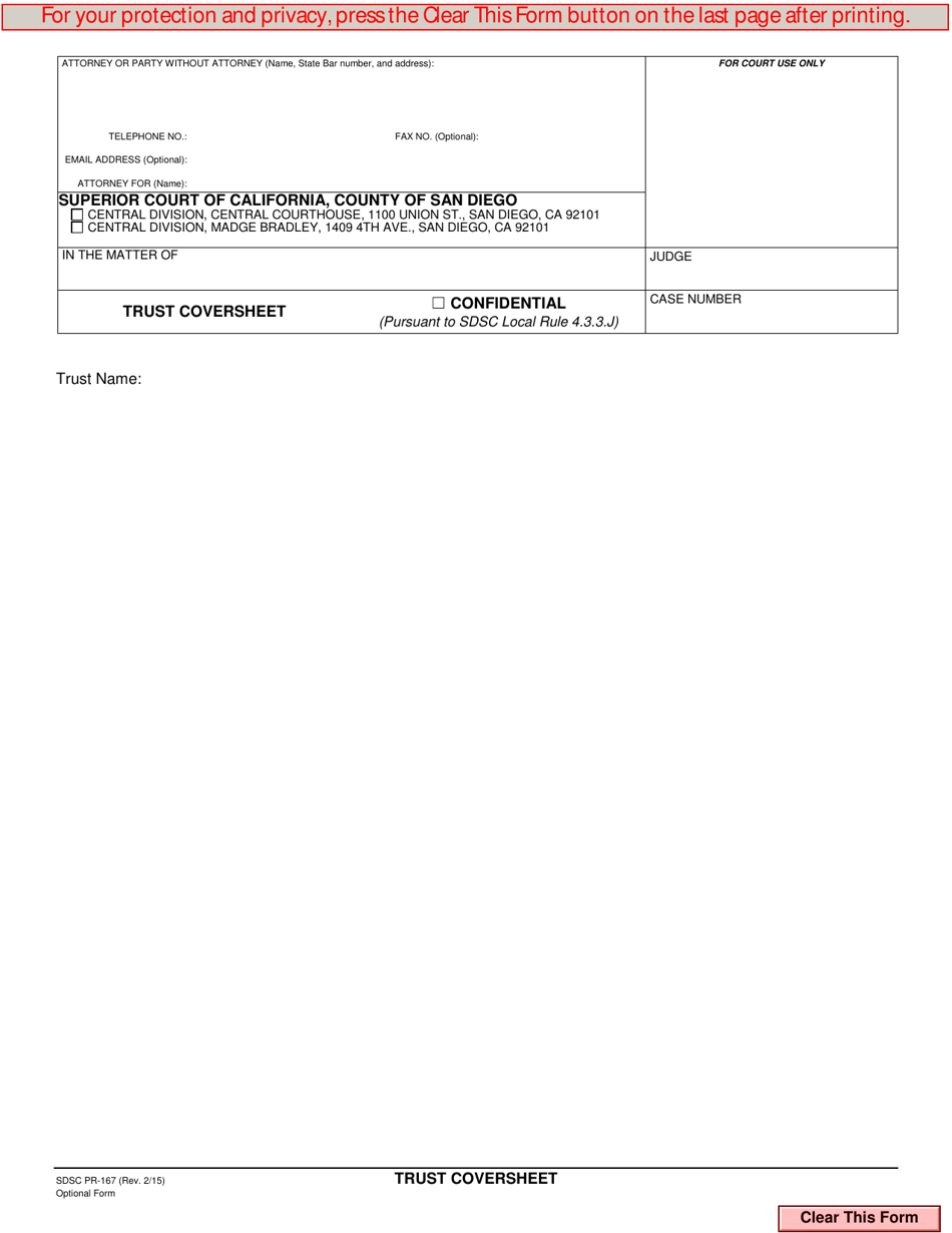 Form PR-167 Trust Coversheet - County of San Diego, California, Page 1
