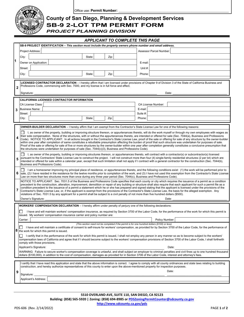 Form PDS-606 Sb-9 2-lot Tpm Permit Form - County of San Diego, California, Page 1
