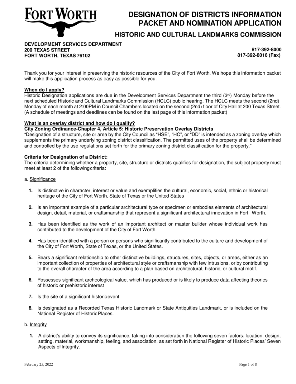 Historic District Designation and Nomination Application - City of Fort Worth, Texas, Page 1