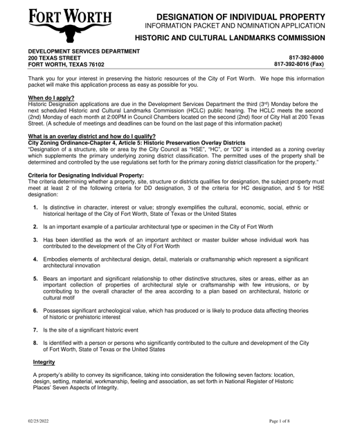 Designation of Individual Property Nomination Application - City of Fort Worth, Texas Download Pdf