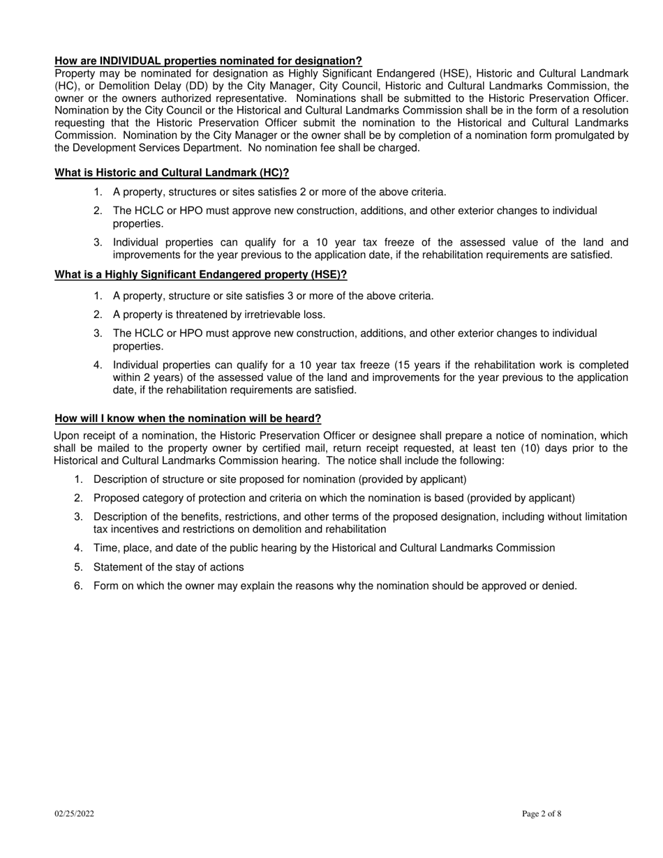 Designation of Individual Property Nomination Application - City of Fort Worth, Texas, Page 2