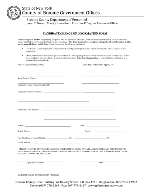 Candidate Change of Information Form - Broome County, New York Download Pdf