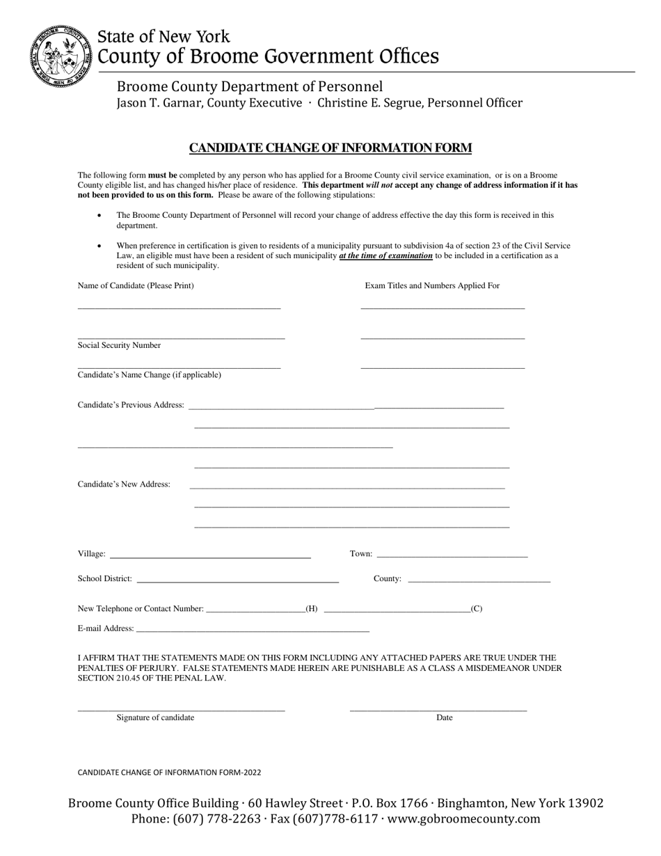 Candidate Change of Information Form - Broome County, New York, Page 1