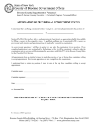 Document preview: Affirmation of Provisional Appointment Status - Broome County, New York