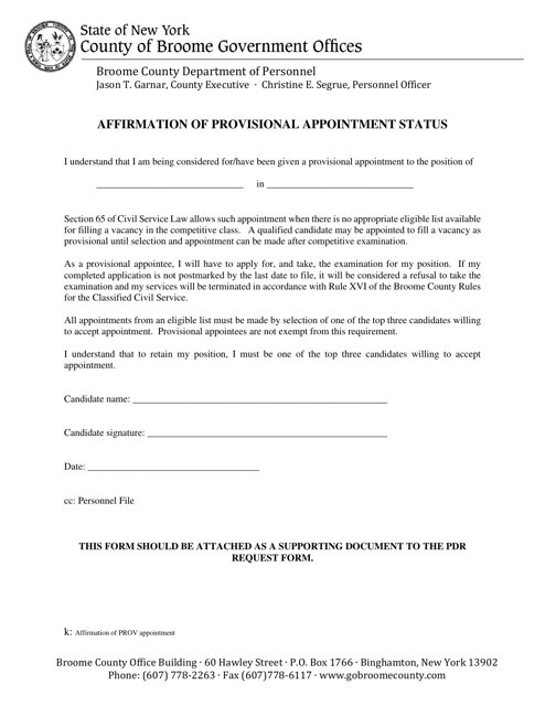Affirmation of Provisional Appointment Status - Broome County, New York Download Pdf