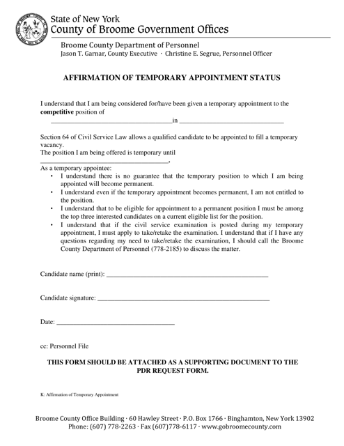 Affirmation of Temporary Appointment Status - County of Broome, New York Download Pdf