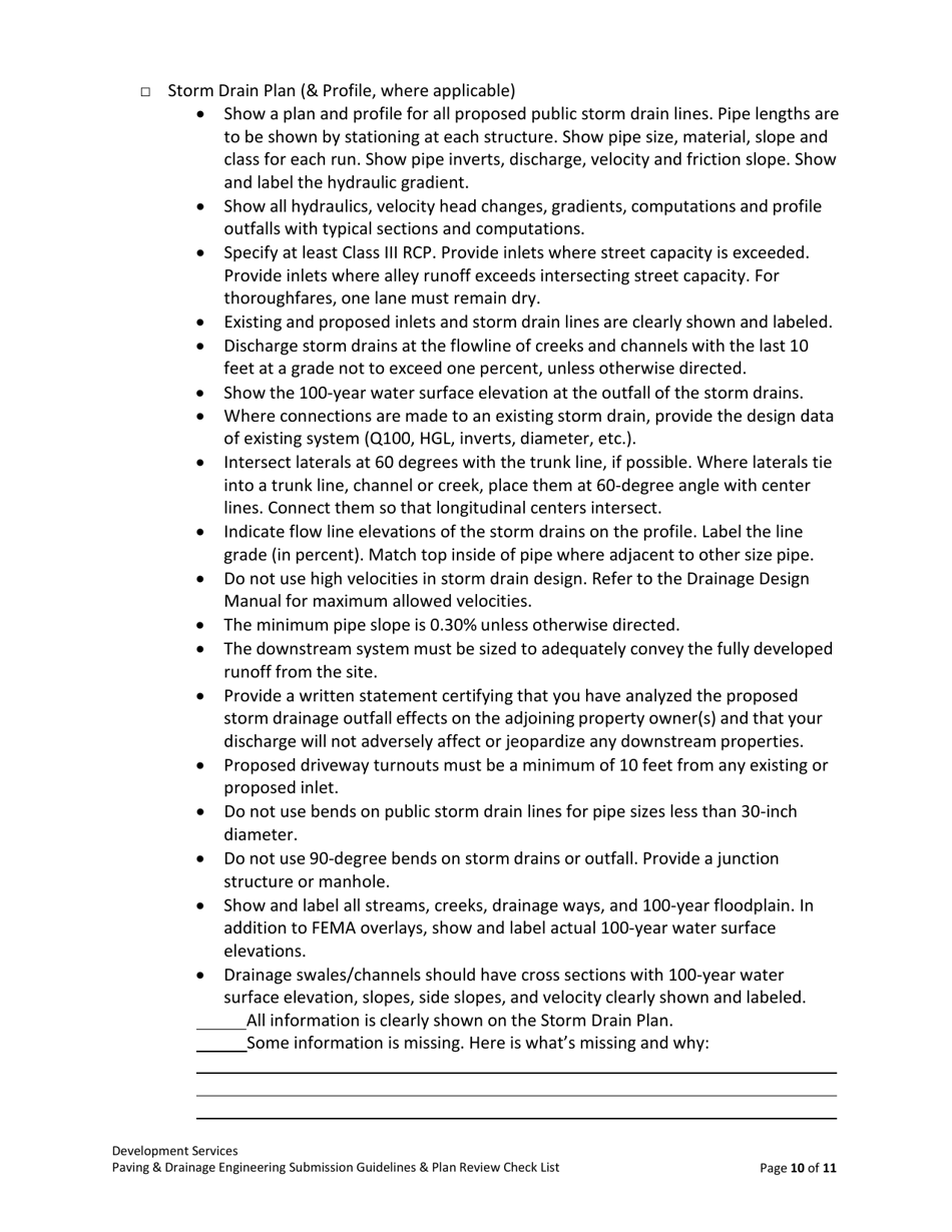Drainage  Paving Engineering Submission Guidelines  Plan Review Check List - City of Dallas, Texas, Page 10