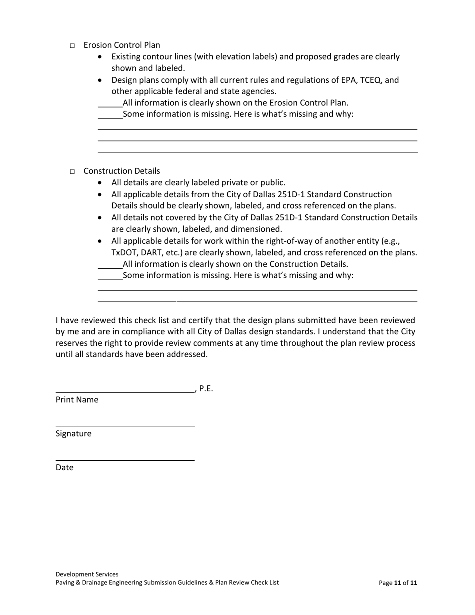 Drainage  Paving Engineering Submission Guidelines  Plan Review Check List - City of Dallas, Texas, Page 11