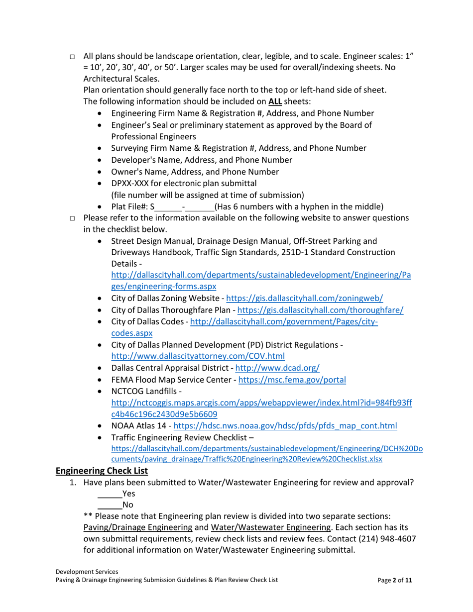 Drainage  Paving Engineering Submission Guidelines  Plan Review Check List - City of Dallas, Texas, Page 2