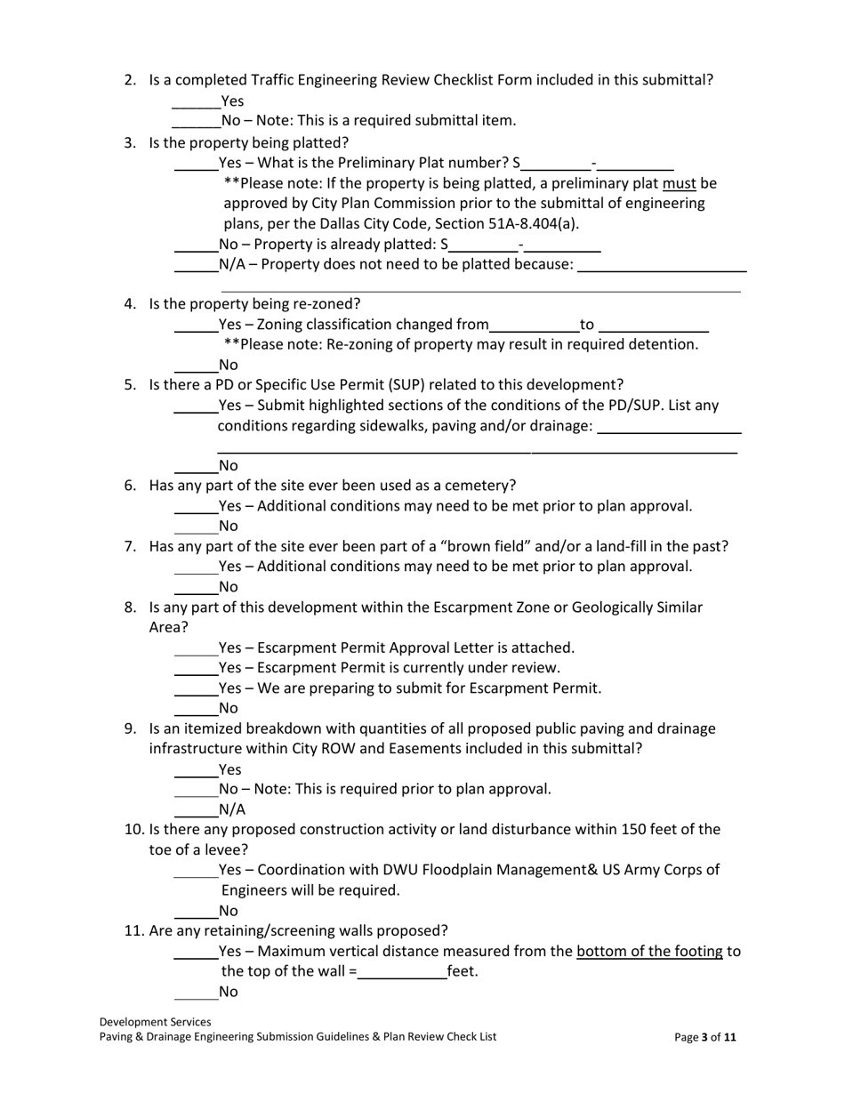 Drainage  Paving Engineering Submission Guidelines  Plan Review Check List - City of Dallas, Texas, Page 3