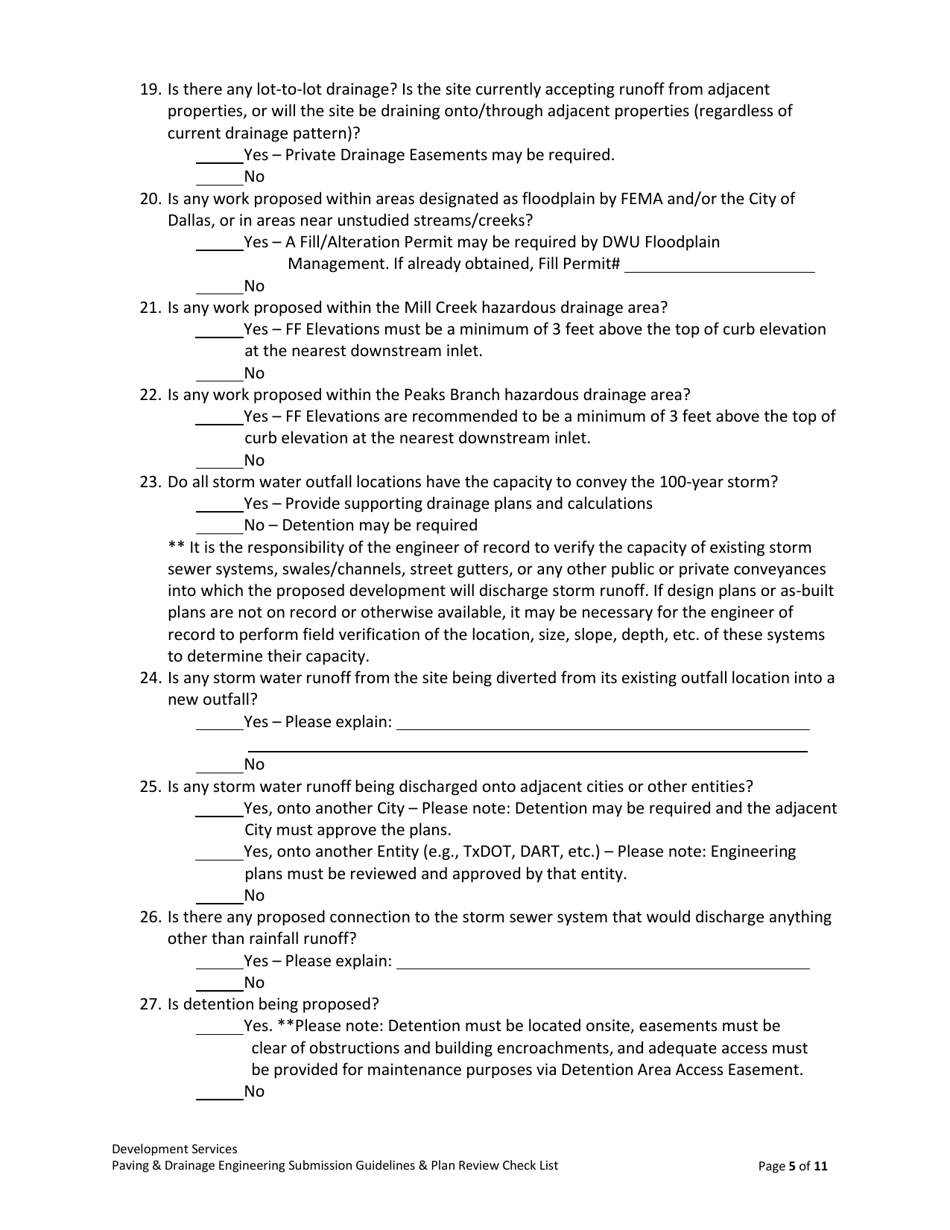 Drainage  Paving Engineering Submission Guidelines  Plan Review Check List - City of Dallas, Texas, Page 5