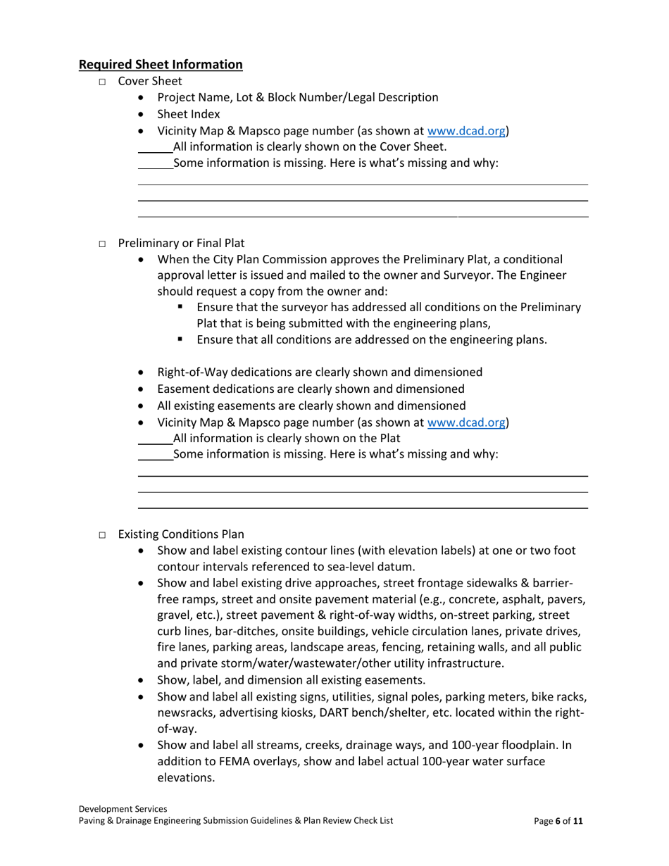 Drainage  Paving Engineering Submission Guidelines  Plan Review Check List - City of Dallas, Texas, Page 6