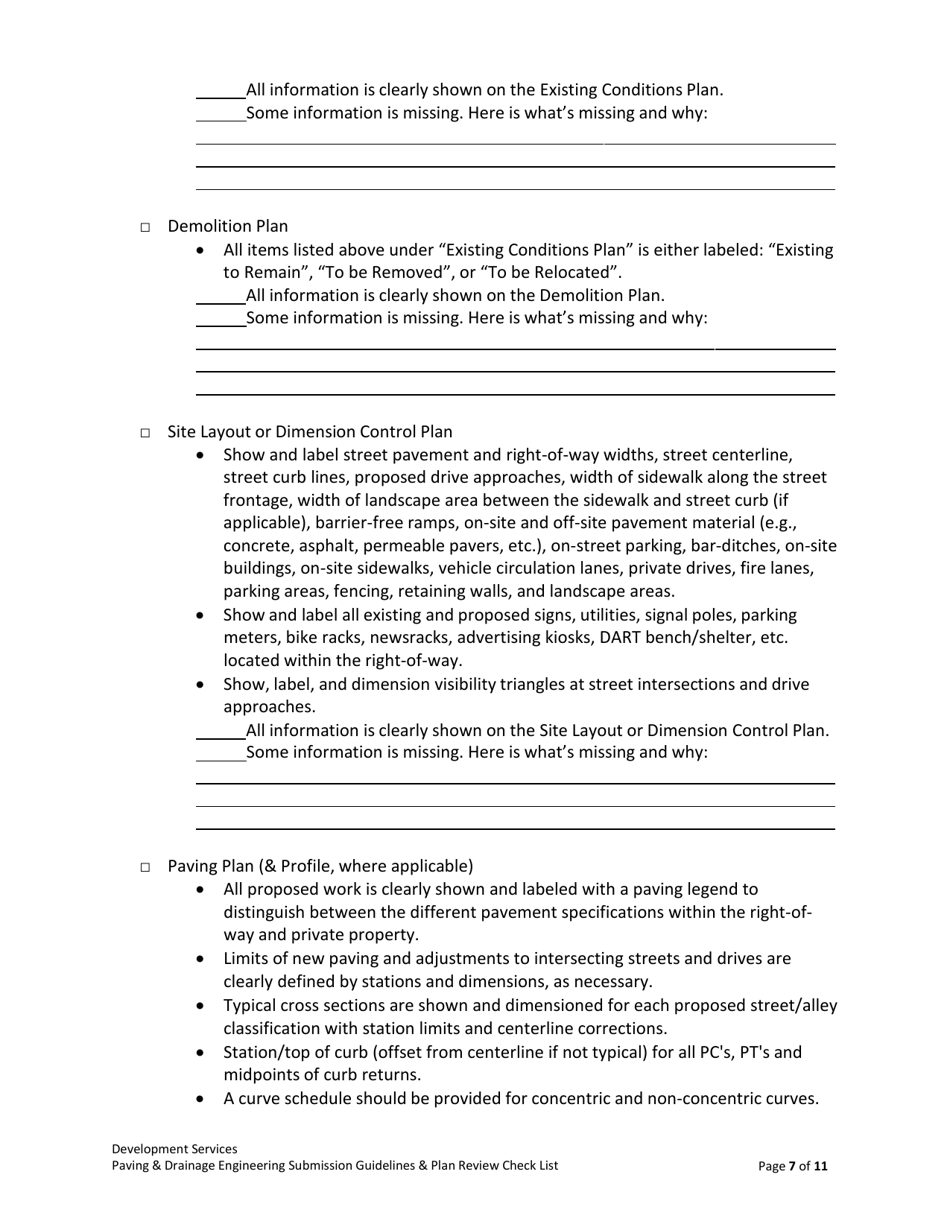 Drainage  Paving Engineering Submission Guidelines  Plan Review Check List - City of Dallas, Texas, Page 7