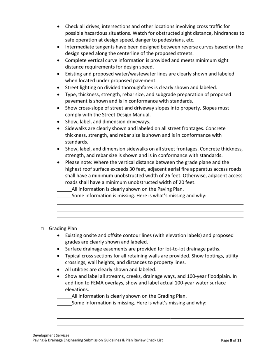 Drainage  Paving Engineering Submission Guidelines  Plan Review Check List - City of Dallas, Texas, Page 8