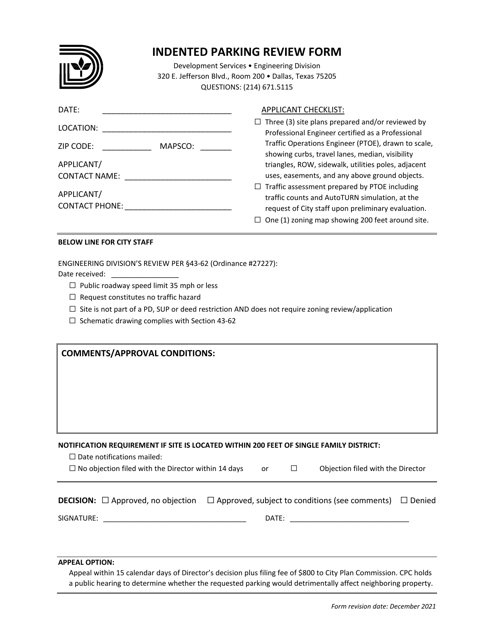 Indented Parking Review Form - City of Dallas, Texas Download Pdf