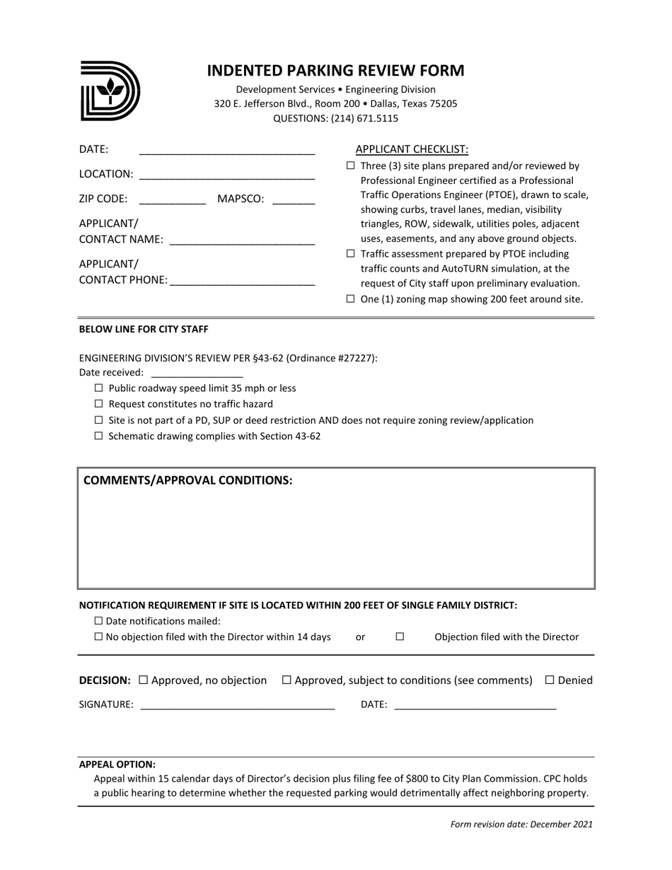 Indented Parking Review Form - City of Dallas, Texas, Page 1