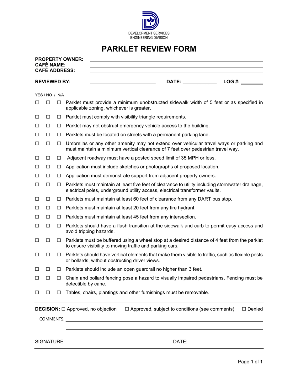 Parklet Review Form - City of Dallas, Texas, Page 1