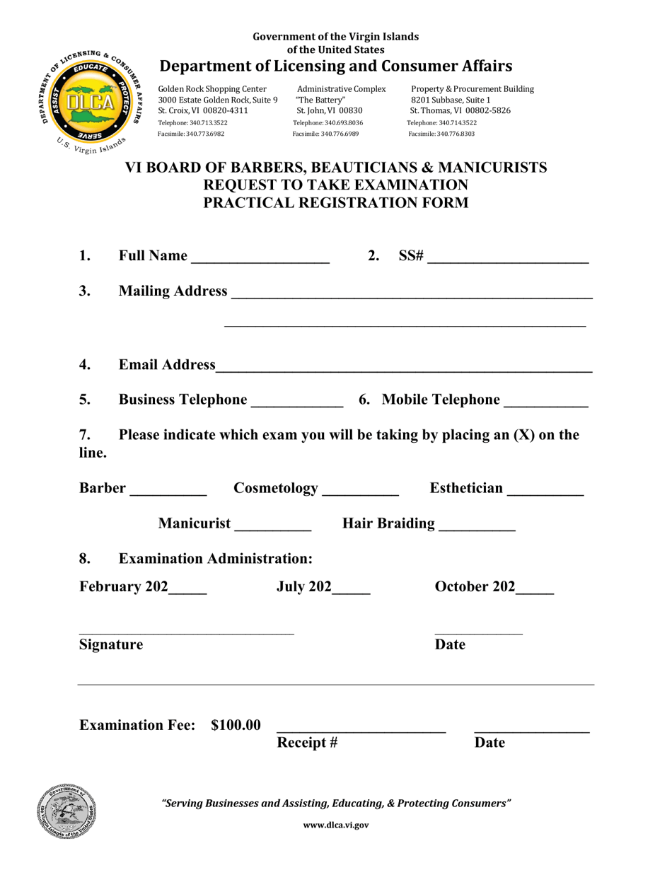 Request to Take Examination Practical Registration Form - VI Board of Barbers, Beauticians and Manicurists - Virgin Islands, Page 1