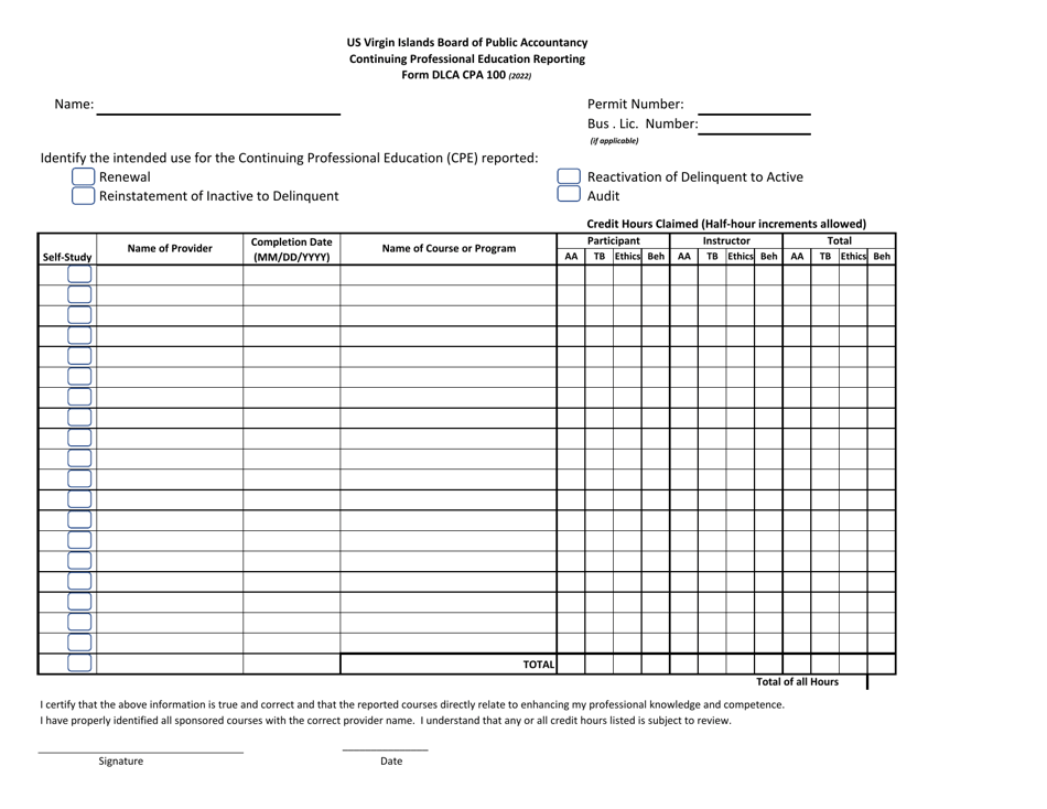 Form DLCA CPA100 Continuing Professional Education Reporting Application Form - Virgin Islands, Page 1