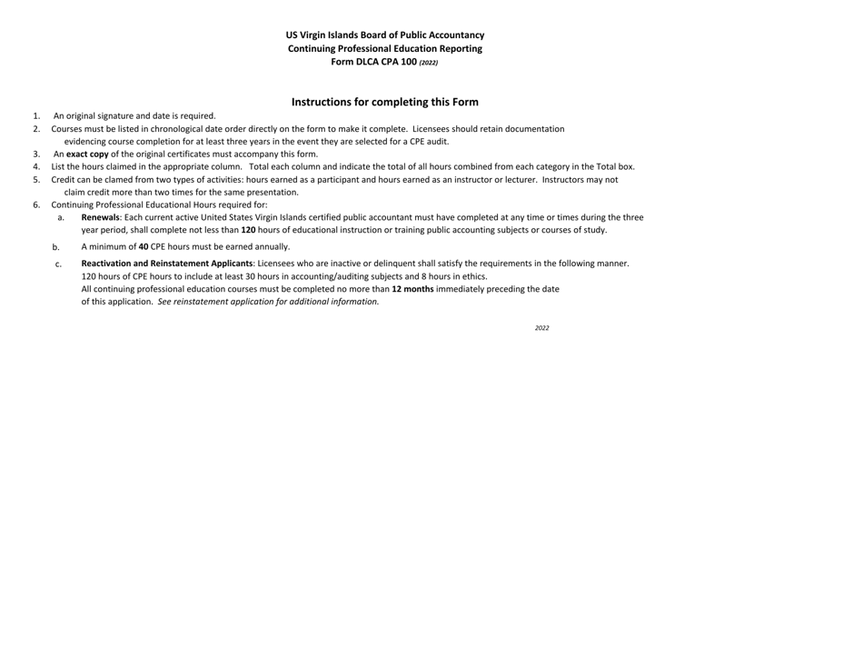 Form DLCA CPA100 Continuing Professional Education Reporting Application Form - Virgin Islands, Page 2