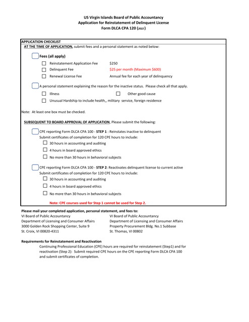 Form DLCA CPA120 Application for Reinstatement of Delinquent License - Virgin Islands
