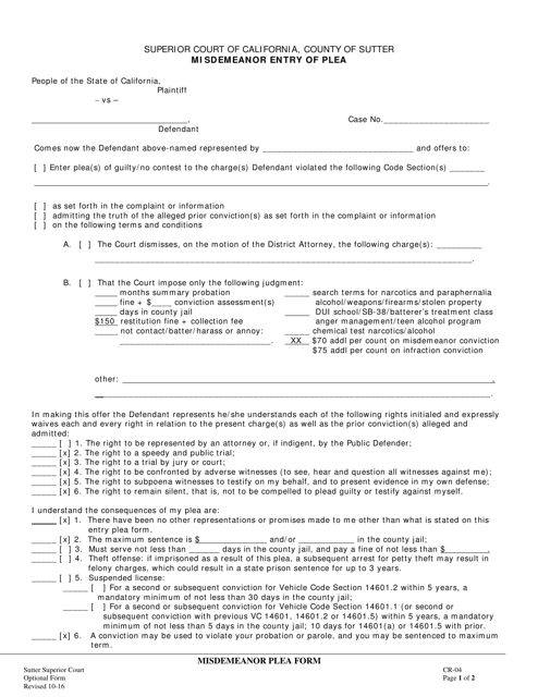 Form CR-04 Misdemeanor Entry of Plea - County of Sutter, California