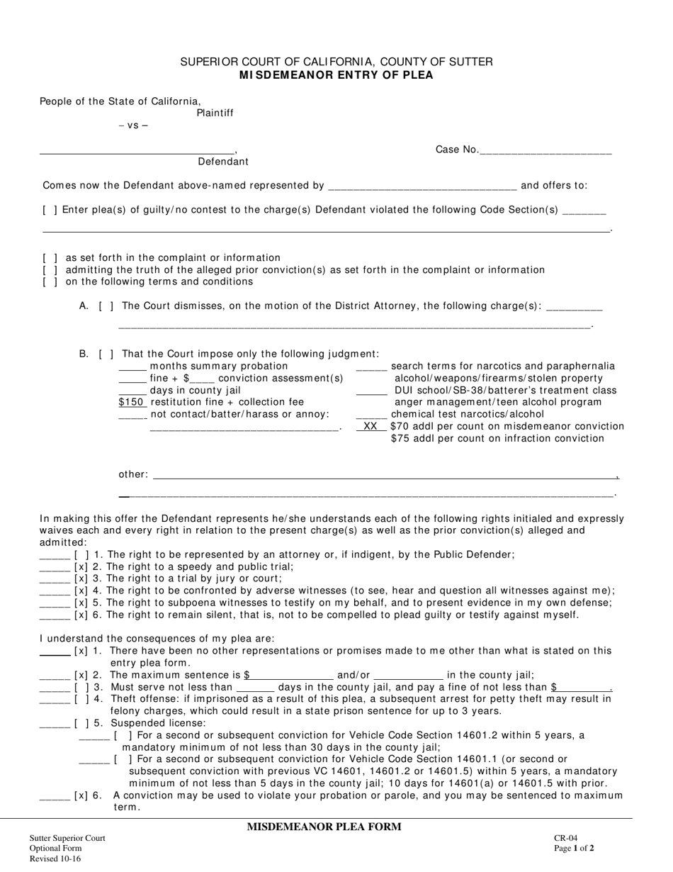Form CR-04 Misdemeanor Entry of Plea - County of Sutter, California, Page 1