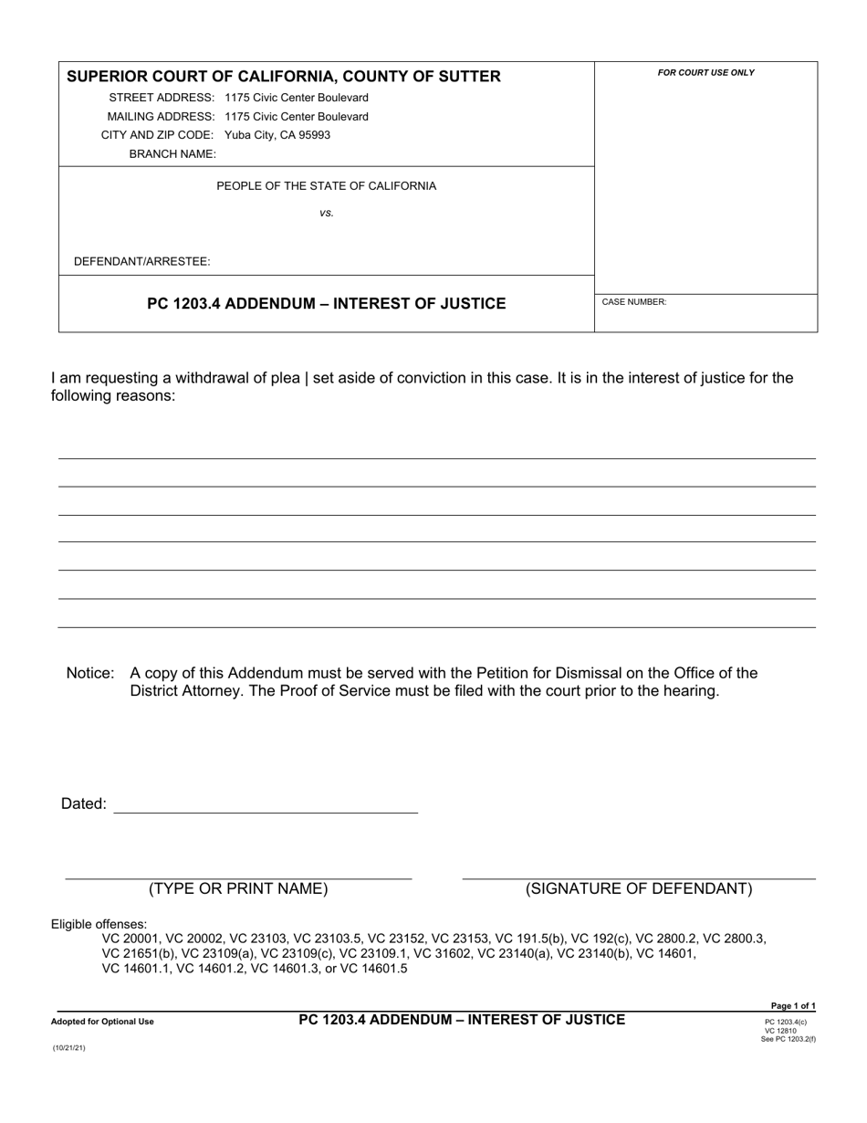 Pc 1203.4 Addendum - Interest of Justice - County of Sutter, California, Page 1
