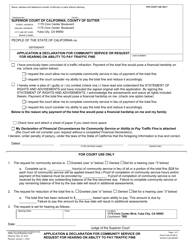 Document preview: Application & Declaration for Community Service or Request for Hearing on Ability to Pay Traffic Fine - County of Sutter, California