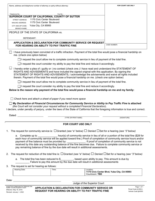 Application & Declaration for Community Service or Request for Hearing on Ability to Pay Traffic Fine - County of Sutter, California Download Pdf