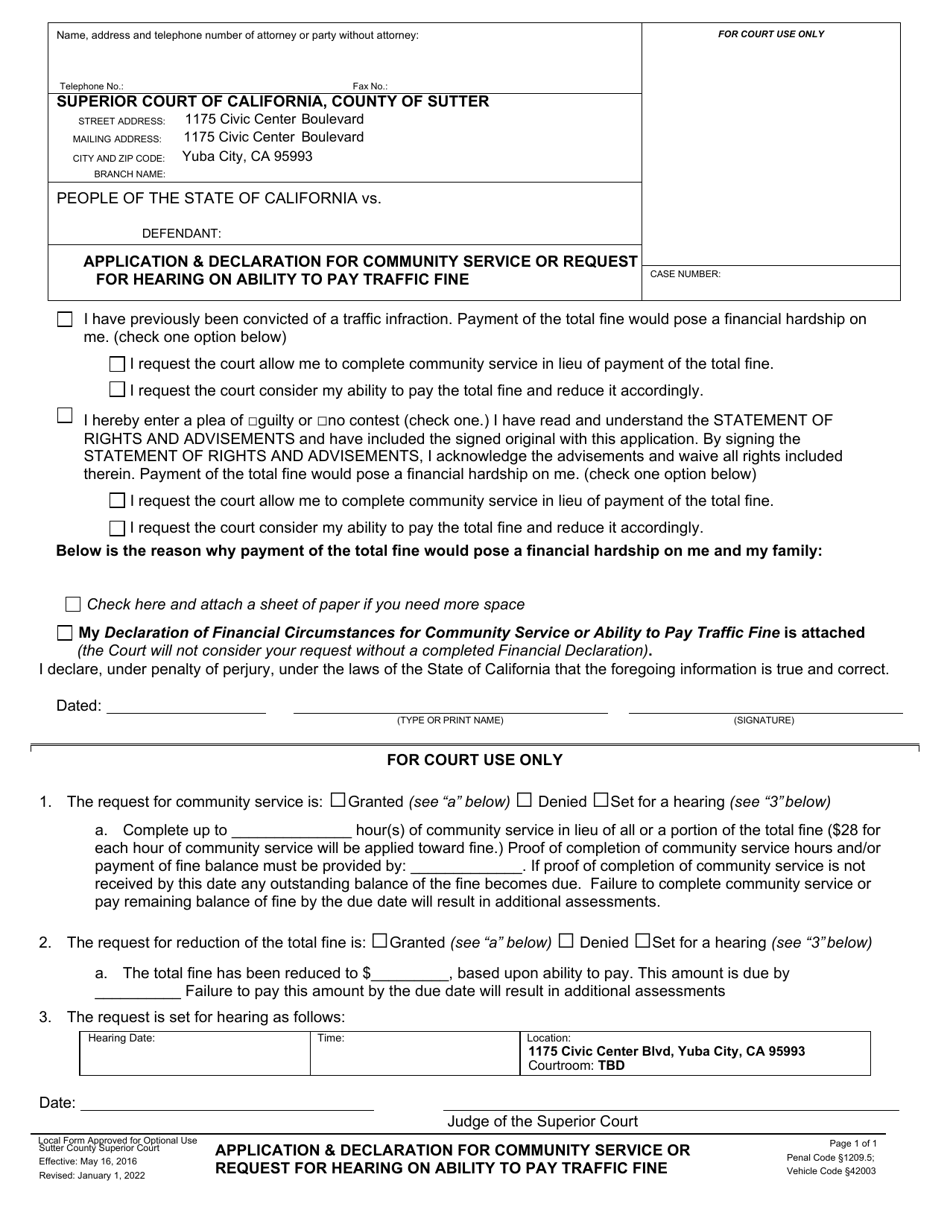 County Of Sutter, California Application & Declaration For Community 