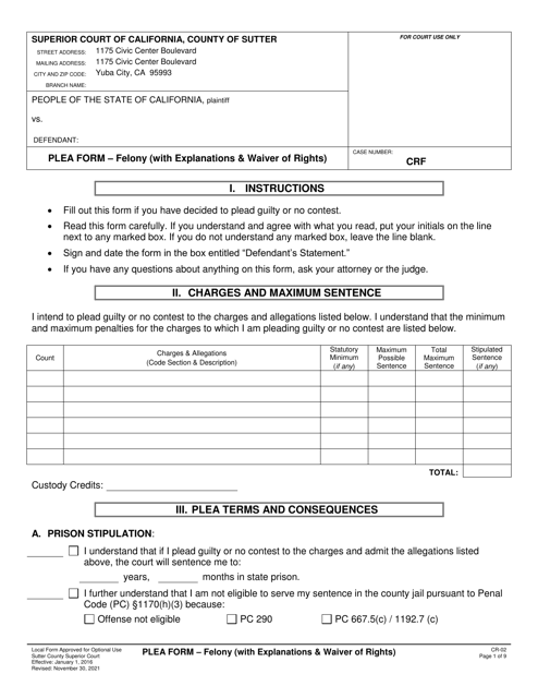 Form CR-02 Plea Form - Felony (With Explanations & Waiver of Rights) - County of Sutter, California