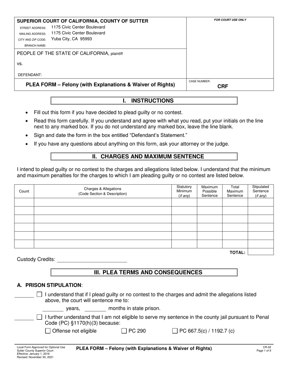 Form CR-02 Plea Form - Felony (With Explanations  Waiver of Rights) - County of Sutter, California, Page 1