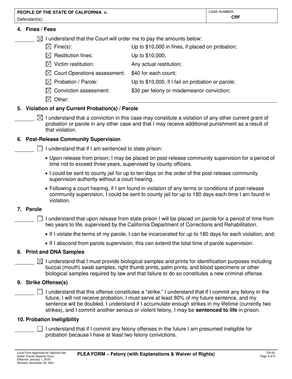 Form CR-02 Plea Form - Felony (With Explanations  Waiver of Rights) - County of Sutter, California, Page 3