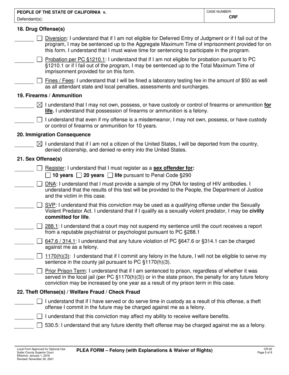 Form CR-02 Plea Form - Felony (With Explanations  Waiver of Rights) - County of Sutter, California, Page 5