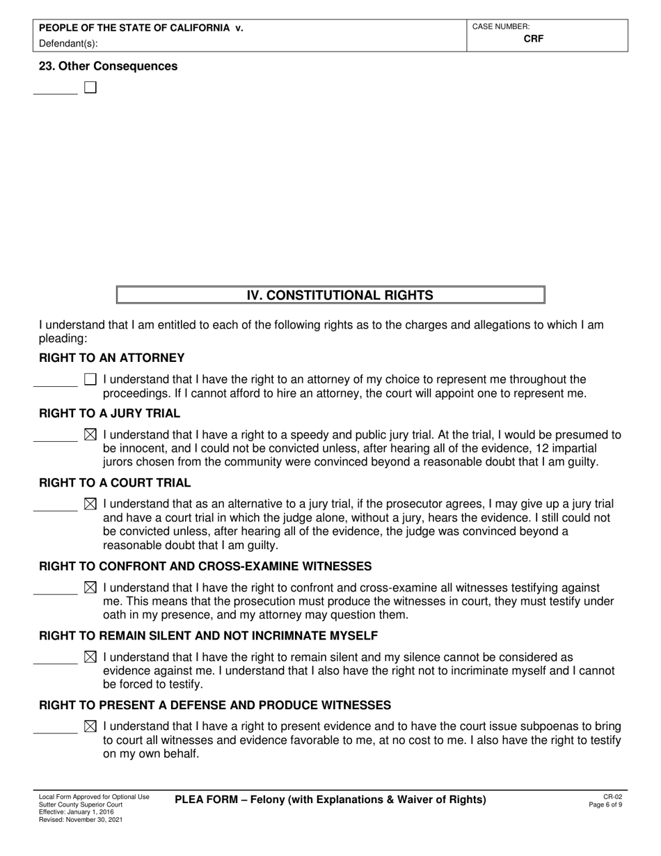 Form CR-02 Plea Form - Felony (With Explanations  Waiver of Rights) - County of Sutter, California, Page 6