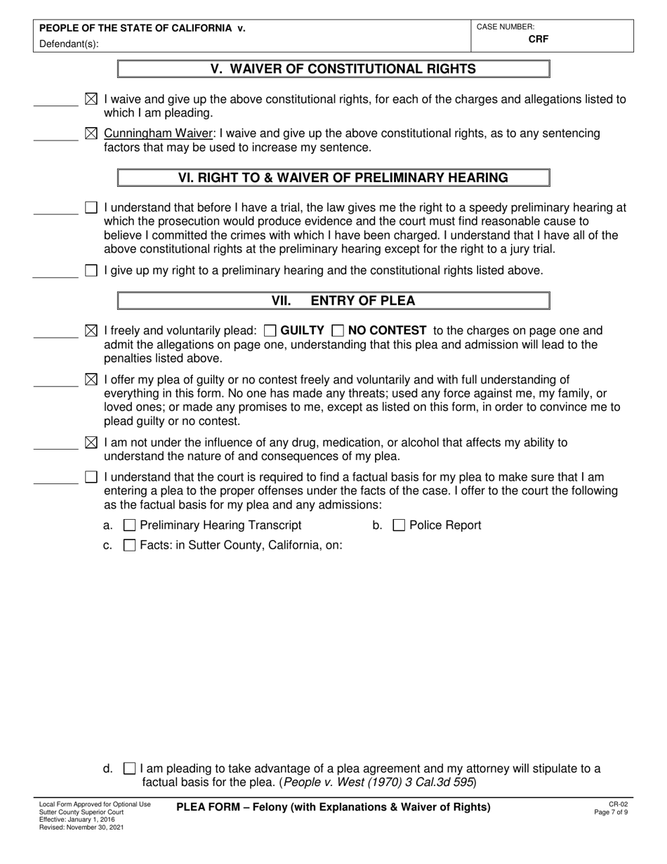 Form CR-02 Plea Form - Felony (With Explanations  Waiver of Rights) - County of Sutter, California, Page 7