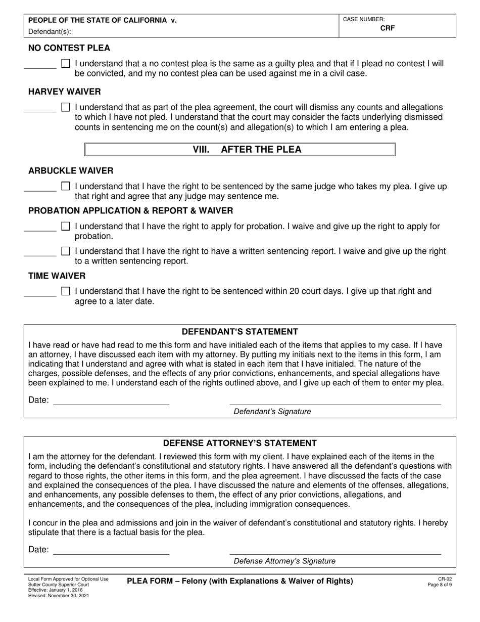 Form CR-02 Plea Form - Felony (With Explanations  Waiver of Rights) - County of Sutter, California, Page 8
