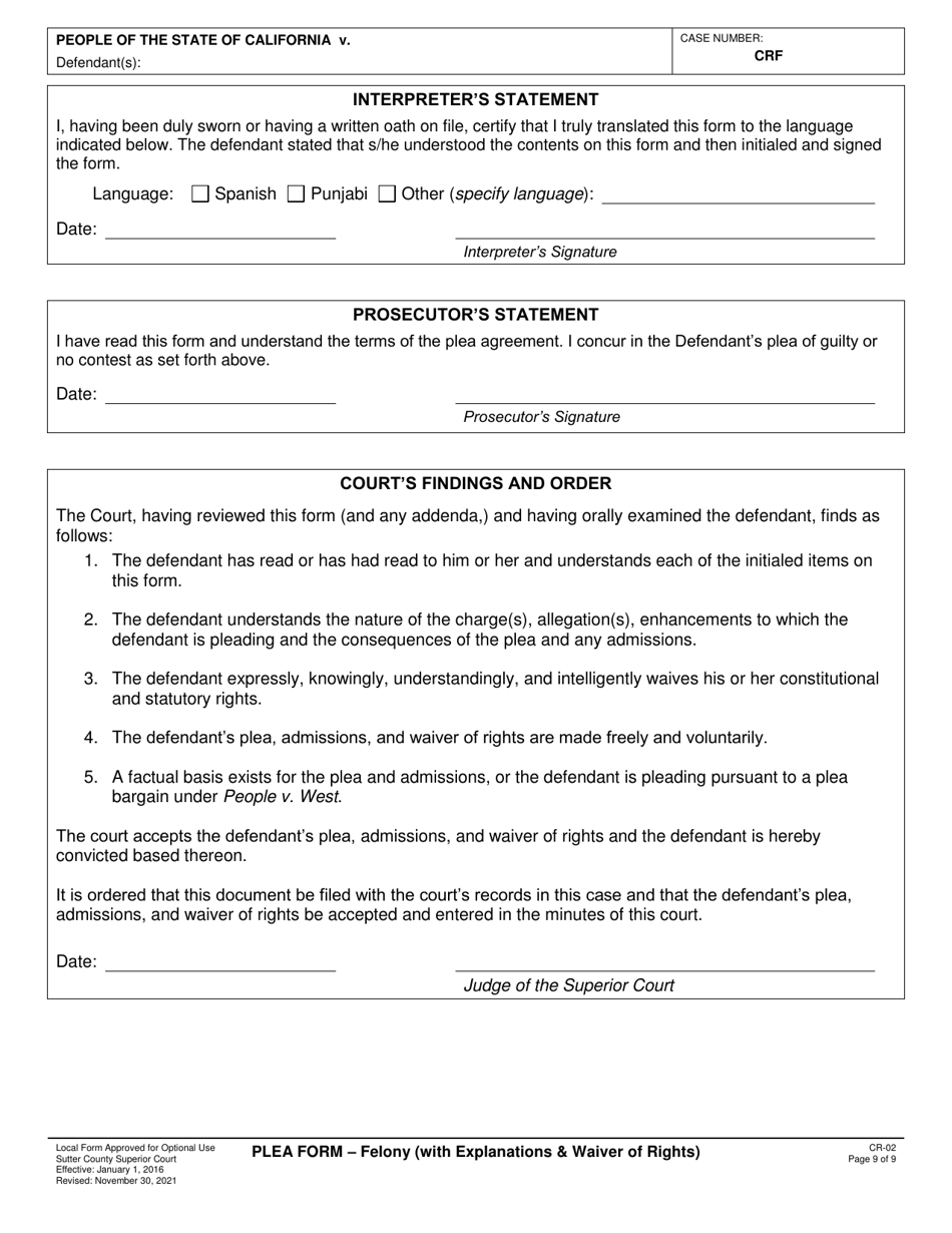 Form CR-02 Plea Form - Felony (With Explanations  Waiver of Rights) - County of Sutter, California, Page 9
